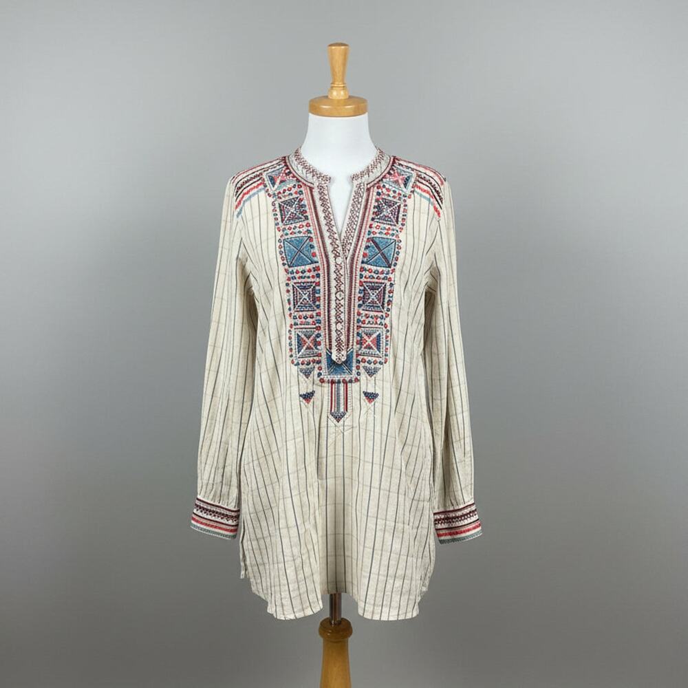 Johnny Was cream and blue striped and embroidered blouse, size S
